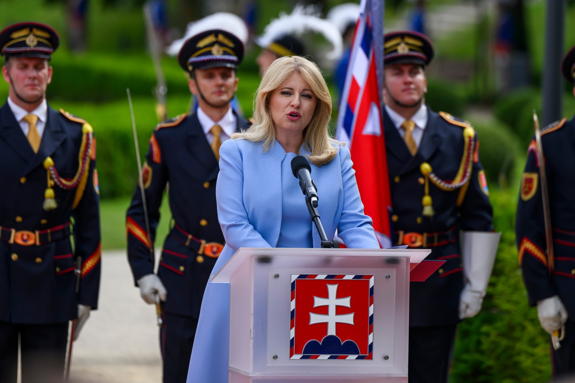 Prezidentka SR Zuzana Čaputová počas rozlúčkového príhovoru v Prezidentskej záhrade v Bratislave 14. júna 2024.