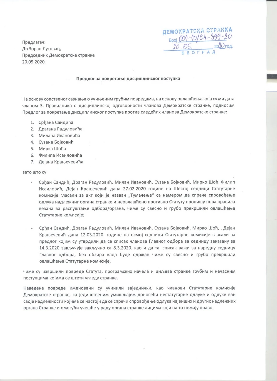 U predlogu za pokretanje postupka kaže se da su članovi "grubim i nečasnim postupcima prekršili ovlašćenja Statutarne komisije"