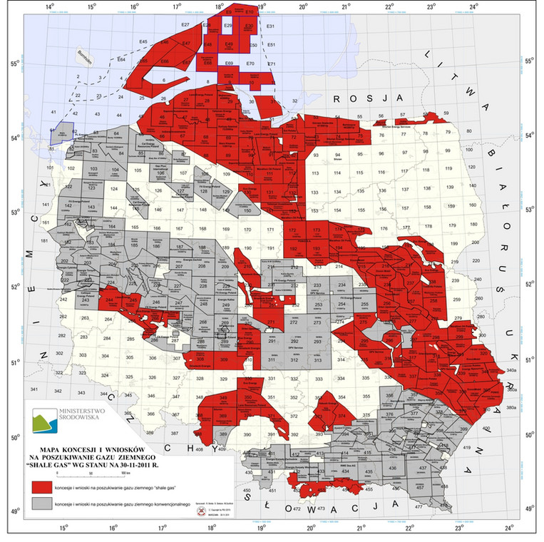 Mapa koncesji na poszukiwanie i rozpoznawanie gazu łupkowego  (stan na dzień 1 grudnia 2011 r.). Źródło: Ministerstwo Środowiska