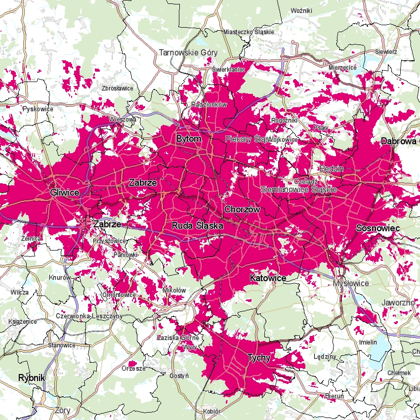 Mapa zasięgu 5G w T-Mobile - Górnośląski Okręg Przemysłowy
