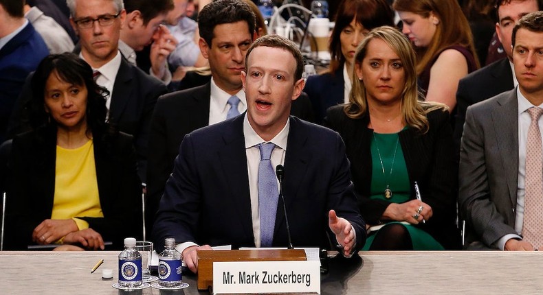 Facebook co-founder, Chairman and CEO Mark Zuckerberg testifies before a combined Senate Judiciary and Commerce committee hearing in the Hart Senate Office Building on Capitol Hill April 10, 2018 in Washington, DC.
