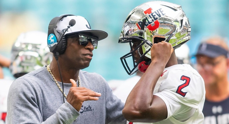 Deion Sanders coaches one his players at Jackson State.Nick Tre. Smith/Icon Sportswire via Getty Images