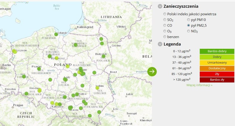 Stężenie pyłu PM2,5 - 2017-04-20 od godziny 08:00 do 09:00