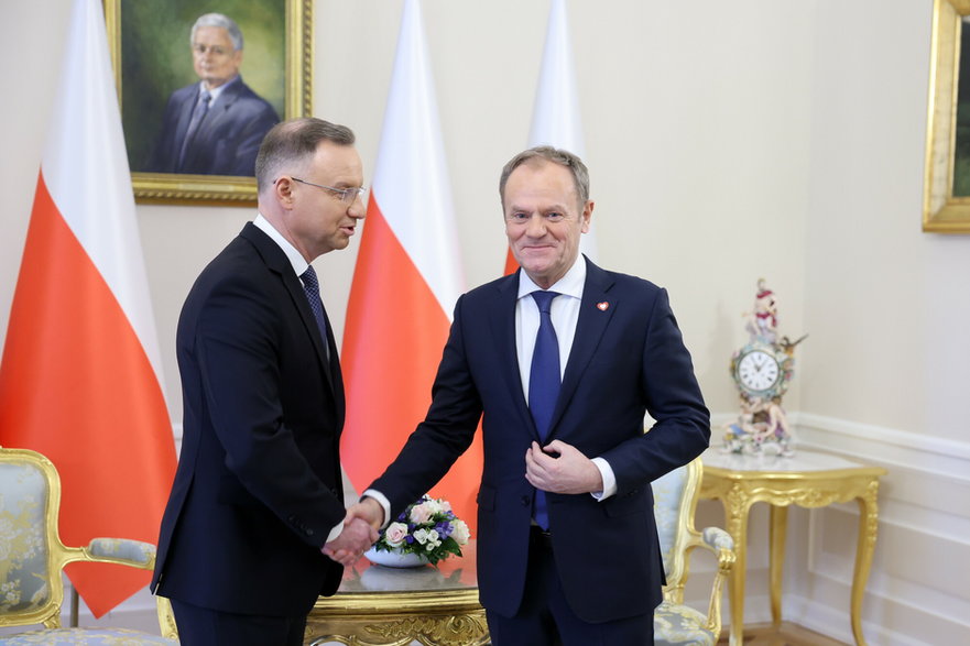 Andrzej Duda i Donald Tusk podczas spotkania w Pałacu Prezydenckim, 15.01 2024 r.