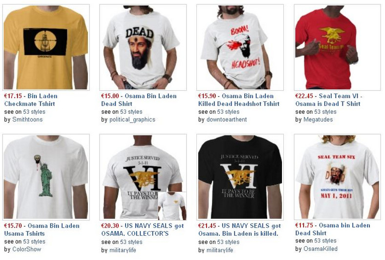 Koszulki nawiązujące do śmierci Osamy bin Ladena oferowane przez brytyjski sklep internetowy zazzle.co.uk