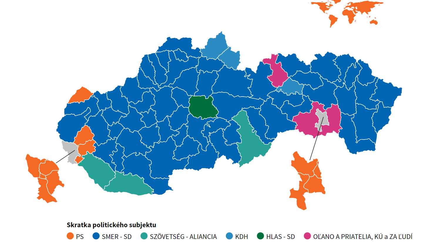 Politické subjekty s najväčším počtom platných hlasov v jednotlivých okresoch