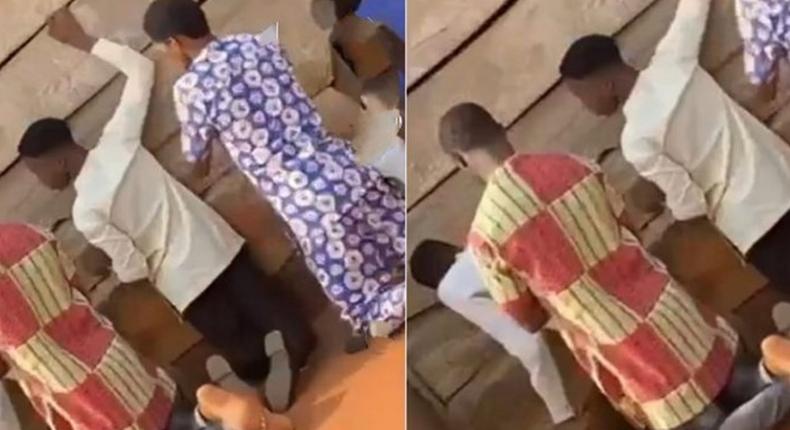 Nigerian church members kneel outside chapel for lateness