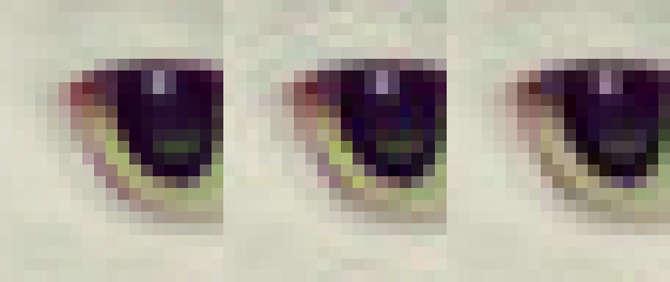 JPEG w powiększeniu - od lewej nieskompresowany obraz, kompresja libjpeg oraz kompresja Guetzli