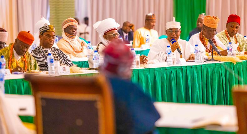 President Bola Tinubu meets with representatives of Nigerian traditional rulers in Aso Rock Villa on Friday, June 9, 2023. [Presidency]