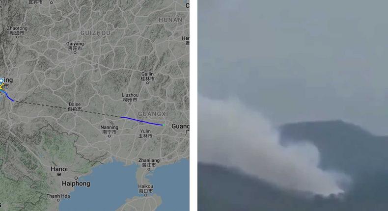 A composite image showing the path the plane flew and video shared by Chinese state media of the apparent crash site.
