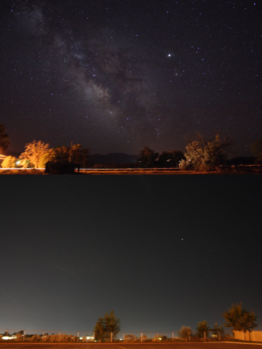 Porównanie nocnego nieba na wsi (górne zdjęcie) i w obszarze miejskim (na dole)