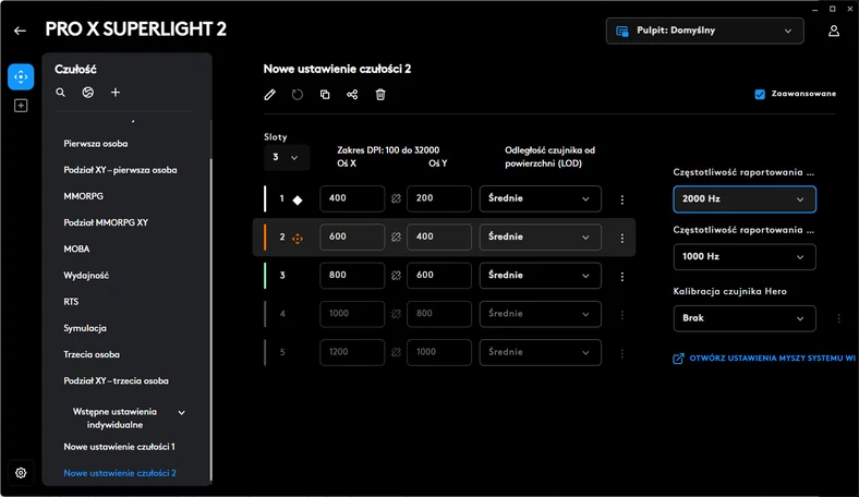 Logitech G Pro X Superlight 2 oferuje możliwość zmiany LOD w Logitech G Hub
