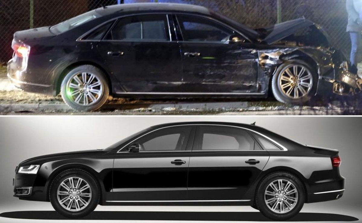 Audi A8 L Security - pancerna rządowa limuzyna rozbita o drzewo w Oświęcimiu