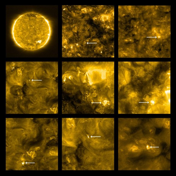 Zdjęcia Słońca zrobione przez Solar Orbiter. Strzałkami zaznaczone "nanoflary"