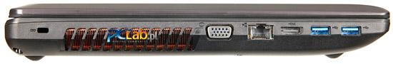 Lewa strona: Kensington Lock, wyjście VGA, złącze LAN, wyjście HDMI, 2 × USB 3.0