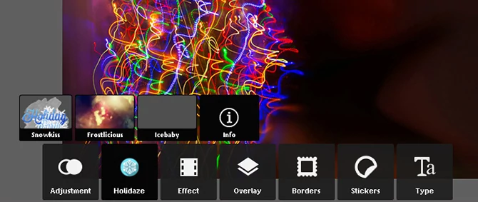 Narzędzia z grupy Holidaze służą do wzbogacenia zdjęcia w świąteczne efekty i nakładki.