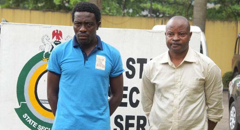 Mathew Adedoyin and his accomplice paraded by the DSS in Lagos. They are accused of kidnapping an American citizen
