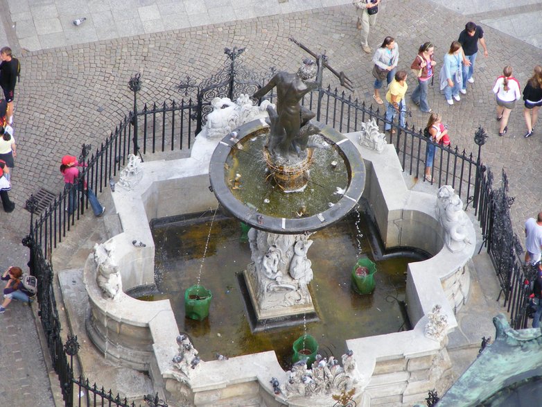 Fontanna otoczona jest ośmioboczną kutą balustradą z czterema dekoracyjnie opracowanymi furtkami, w ich zwieńczeniu występuje naprzemiennie herb gdańska i orzeł w koronie 