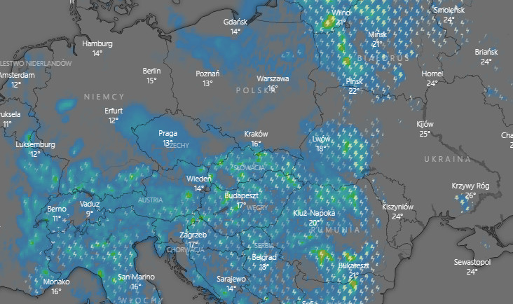 Pogoda na środę. Przewidywane burze i opady w Europie Środkowo-Wschodniej, z pominięciem Polski