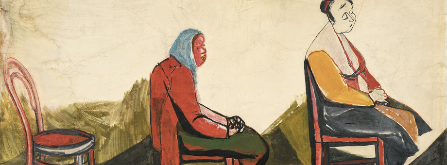 Kolejka trwa, 1956, gwasz, akwarela, papier, 99,6×150,8 cm, Starak Collection