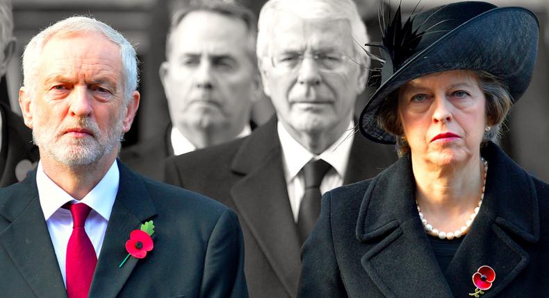 A sombre Jeremy Corbyn and Theresa May at 2016's Remembrance Sunday Service.