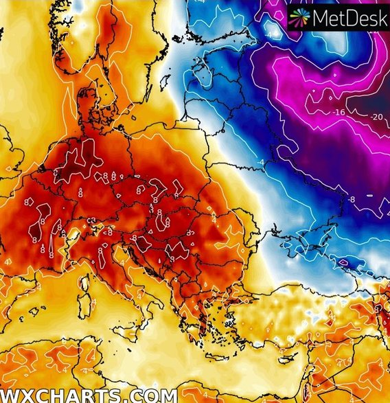 Prognoza odchylenia temperatury od normy w sobotę, 7 stycznia