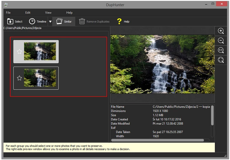 Główne okno programu do wyszukiwania duplikatów zdjęć cyfrowych - DupHunter