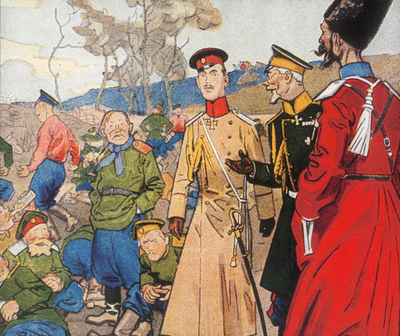 Niemiecka karykatura przedrukowana w Rosji po rewolucji lutowej w 1917 r. 