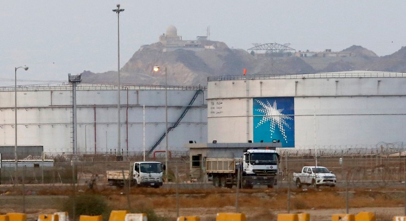 Storage tanks are seen at the North Jiddah bulk plant, an Aramco oil facility, in Jiddah, Saudi Arabia, Sunday, Sept. 15, 2019. The weekend drone attack in Buqyaq on one of the world's largest crude oil processing plants that dramatically cut into global oil supplies is the most visible sign yet of how Aramco's stability and security is directly linked to that of its owner -- the Saudi government and its ruling family. (AP Photo/Amr Nabil)