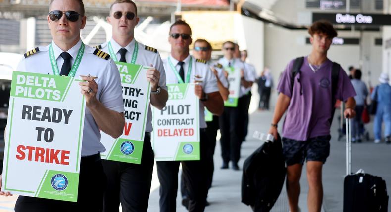 Delta Air Lines pilots picket at Los Angeles International Airport.