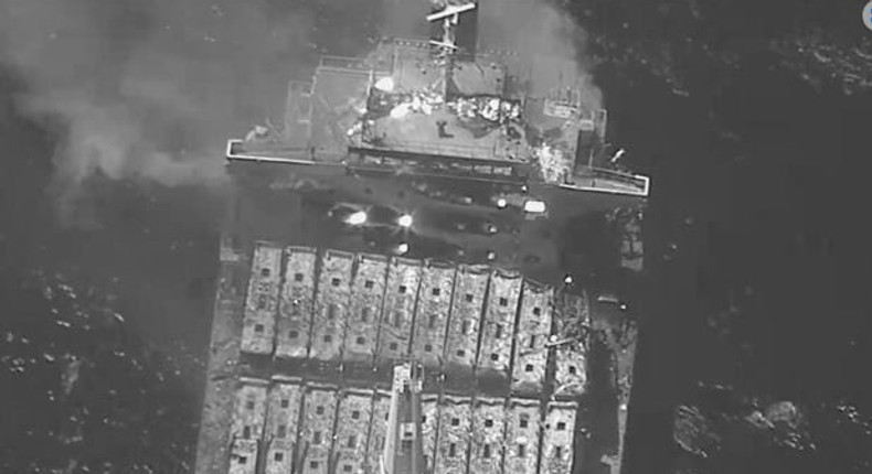 This black-and-white image released by the US military's Central Command shows the fire aboard the bulk carrier True Confidence after a missile attack by Yemen's Houthi rebels in the Gulf of Aden on March 6, 2024.US Central Command via AP