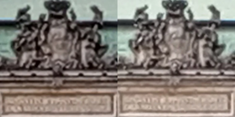 Wycinki w skali 1:1 ze zdjęć w ustawieniu tele 2x - po lewej ze zdjęcia 50 MP, a po prawej z interpolowanego obrazu 12 MP