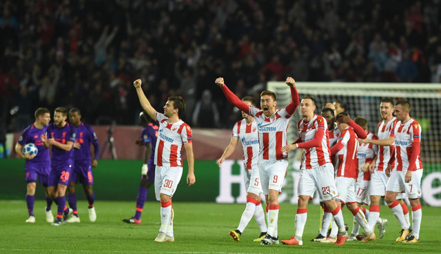 Red Star players celebrate victory over Liverpool