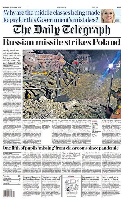 "Rosyjskie rakiety uderzają w Polskę" - pisze "The Daily Telegraph" 