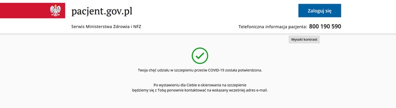 Potwierdzenie rejestracji na szczepienie przeciw COVID-19