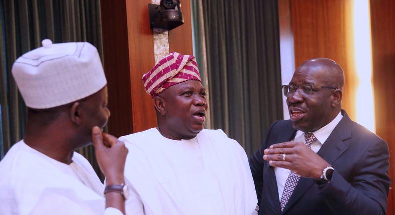 Lagos state governor, Akinwunmi Ambode, Godwin Obaseki of Edo state and Gombe's Ibrahim Dankwambo during NEC meeting at the Statehouse