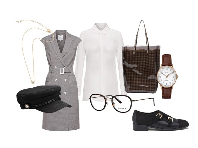 STYLIZACJE do biura na jesień 2018: Biała, jedwabna koszula, Patrizia Aryton, 699 zł; Czarny kaszkiet, Cellbes.pl, 89 zł, Kamizelka o kroju sukienki, Patrizia Aryton, 499 zł; Winylowa torba, Sfera, 74,99 zł; Zegarek na skórzanym pasku, Timex, 299 zł; Okrągłe, szylkretowe okulary, Tonny Eyewear, 349 zł; Pozłacany naszyjnik, Cellbes.pl, 49 zł; Czarne mokasyny z klamerkami, Sfera, 99,99 zł.