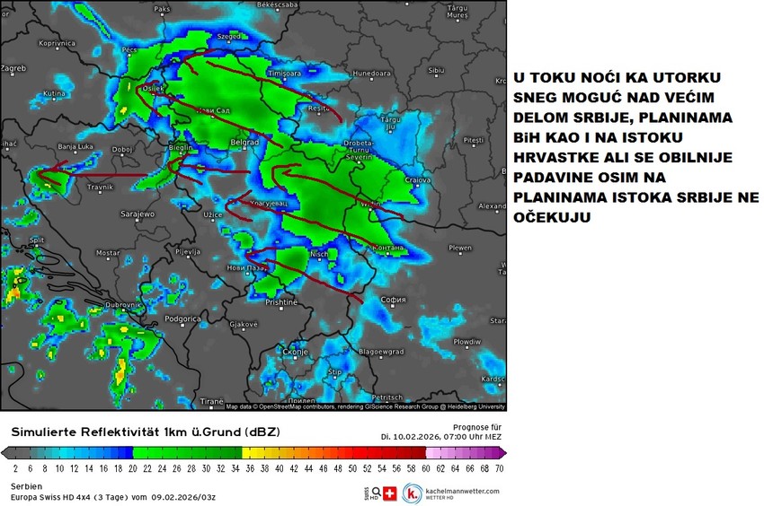 Večeras provejavanje slabog snega
