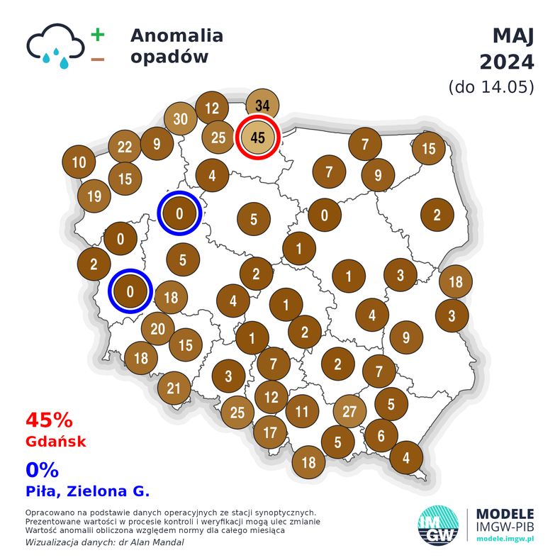 Aktualna anomalia opadów w maju 2024 r.