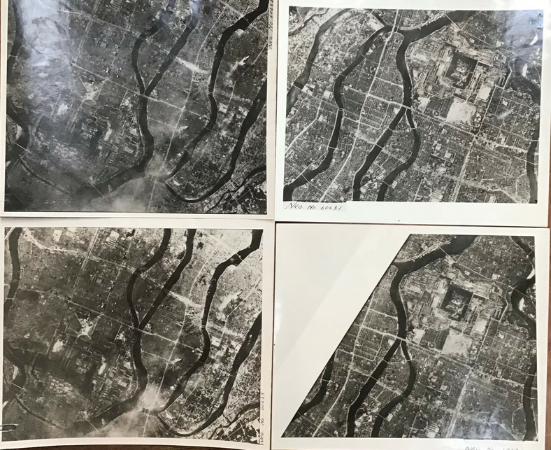 Zdjęcia lotnicze wykonane przez amerykańskie wojsko przedstawiające obszar dotknięty wybuchem w Hiroszimie