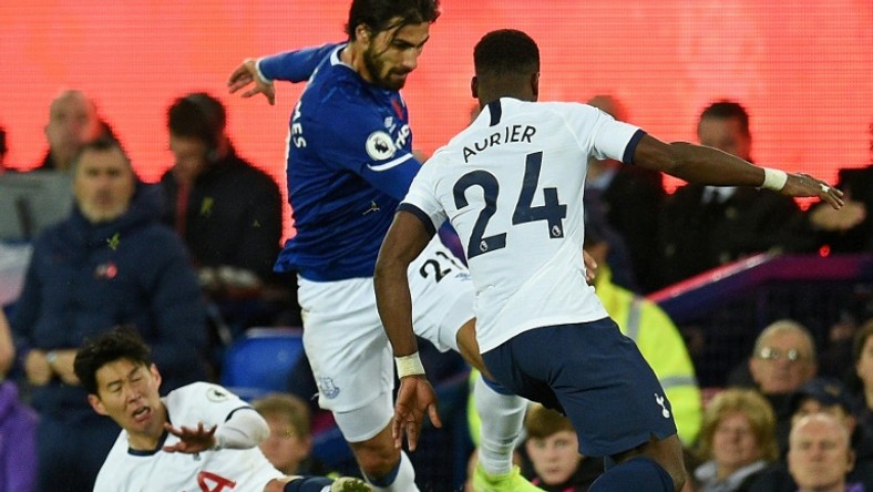 Everton midfielder Andre Gomes (centre) was injured following a challenge by Tottenham's Son Heung-min (left)