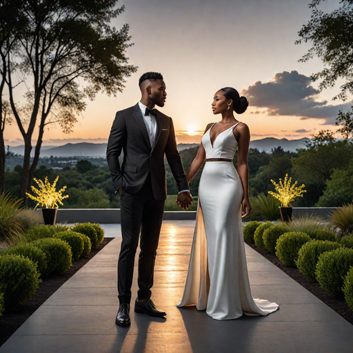 A landscape image of a black modern couple(Man and woman) in a modern set up (Hotpot.ai)