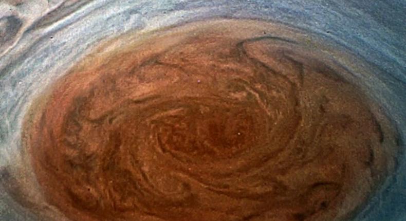 The Great Red Spot on Jupiter, taken by the Juno Spacecraft on its flyby over the storm on July 11, 2017