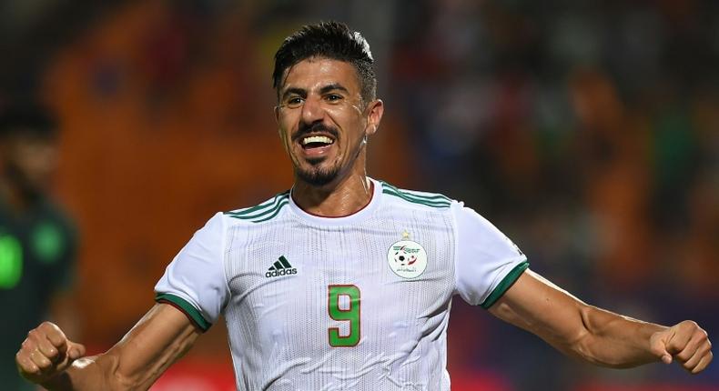 Forward Baghdad Bounedjah celebrates a 2-1 victory over Nigeria that qualified Algeria for the 2019 Africa Cup of Nations final in Cairo