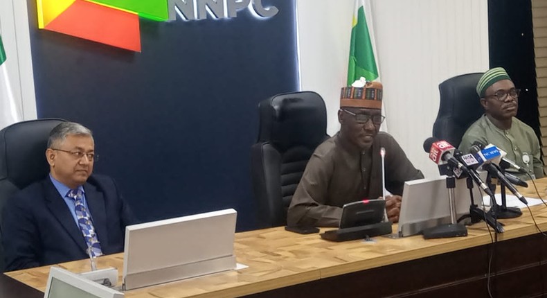 L-r: Nagendra Verma, MD NIPCO, Mele Kyari, NNPCL, GCEO, Mr Adokiye Tombomieye, EVC Upstream, NNPCL, during the News conference in Abuja on Thursday. [NAN]