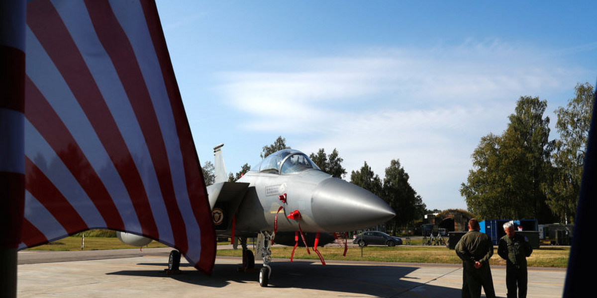 US Air Force F-15C Eagle fighter at a NATO Baltic air-policing-mission takeover ceremony in Siauliai, Lithuania, August 30, 2017.