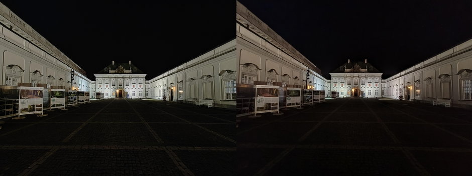 Przykładowe zdjęcia wykonane w trybie Ultra Night modułami szerokokątnymi aparatów Realme GT2 Pro (po lewej) oraz OnePlusa Nord2 (kliknij, aby powiększyć)