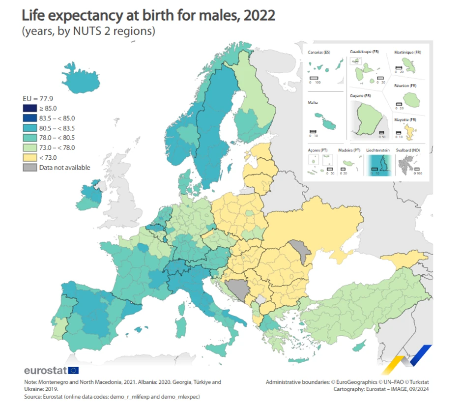 Očekivani životni vek kod muškaraca u Evropi