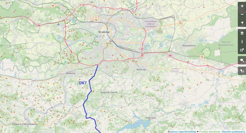 Mapa Krakowa z zaznaczonymi drogami prowadzącymi na południe