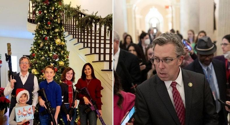 Rep. Andy Ogle's 2021 Christmas card and Ogle.Andy Ogles Mayor 2022/Facebook, left, and The Washington Post / Getty Images